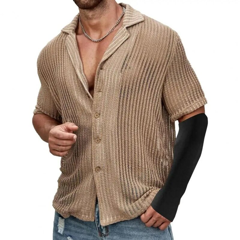 Cardigã de malha estilo vintage masculino, camisa com gola virada para baixo, manga curta, férias na praia, verão
