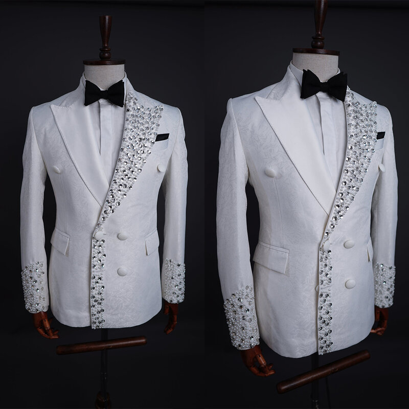 High End Men Suits Tuxedos 2024 crystal Pearl Peaked Lapel Single Breasted 2 Pieces Blazer Pant Custom Size Party Occasion