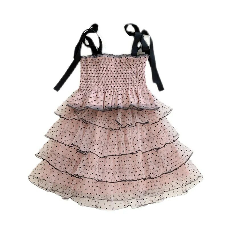 Summer New Children's Clothing Girls' Princess Dot Mesh Sling plus Cake Dress Two-Piece SetWS