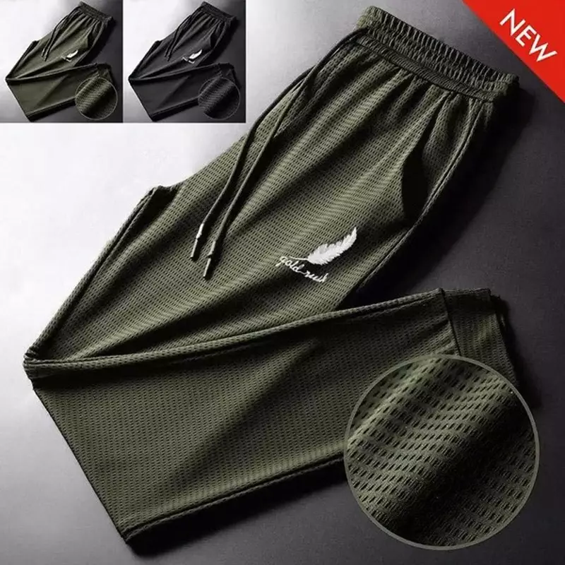 Men's Summer Ice Silk Pants Mesh Breathable Casual Thin Quick Dry Pants Loose Elastic Beam Feet Pants Sports Fitness Trousers