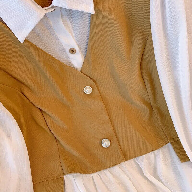 Женский Осенний очаровательный стильный контрастный комплект из рубашки с оборками и широких брюк, винтажная Повседневная Свободная рубашка и брюки, комплект из двух предметов