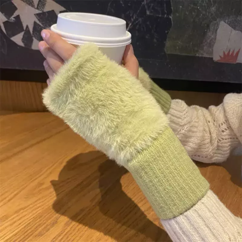 Fingerless Glove Winter Soft Fluffy Plush Solid Color Knitted Thicken Writing Working Winter Warm Women Half Finger Wrist Guard