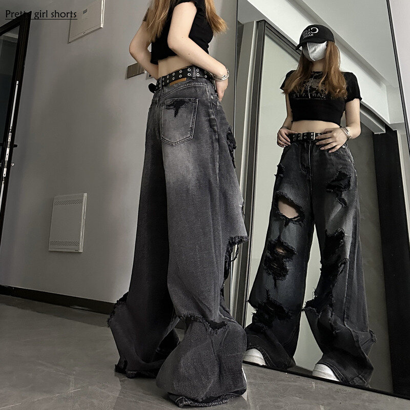 Новые состаренные джинсы с высокой талией 2024, крутые свободные облегающие прямые универсальные широкие брюки в форме груши для девушек
