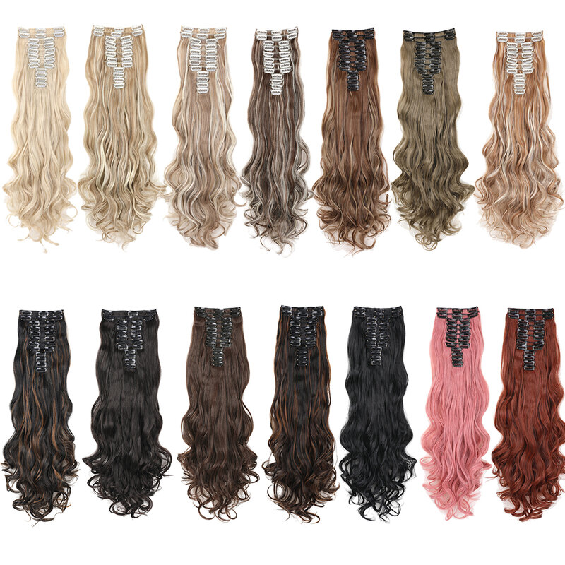 Ekstensi rambut klip dalam 24 inci rambut sintetis kualitas tinggi bergelombang panjang 12 BH/pak rambut lembut kain dobel tebal untuk wanita