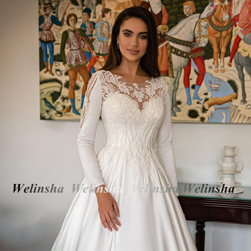 فستان زفاف من Weilinsha على شكل حرف a من الساتان ، رقبة مغرفة ، مزين بالخرز باللؤلؤ ، فساتين عروس رائعة ، جودة عالية