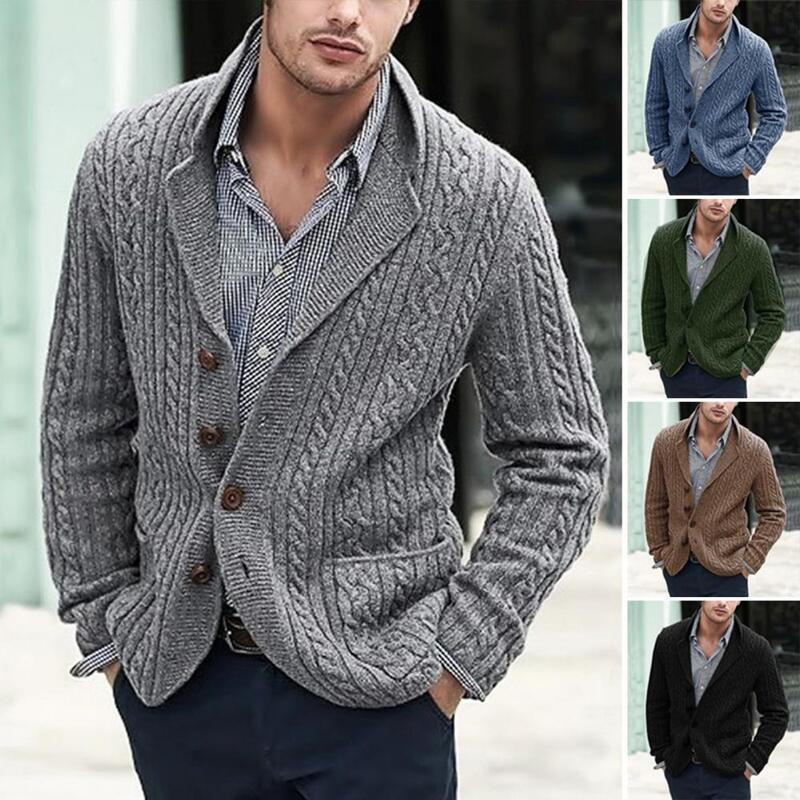 Suéter informal para hombre, abrigo de manga larga con solapa, bolsillos de textura retorcida, cárdigan de punto de un solo pecho, Otoño e Invierno