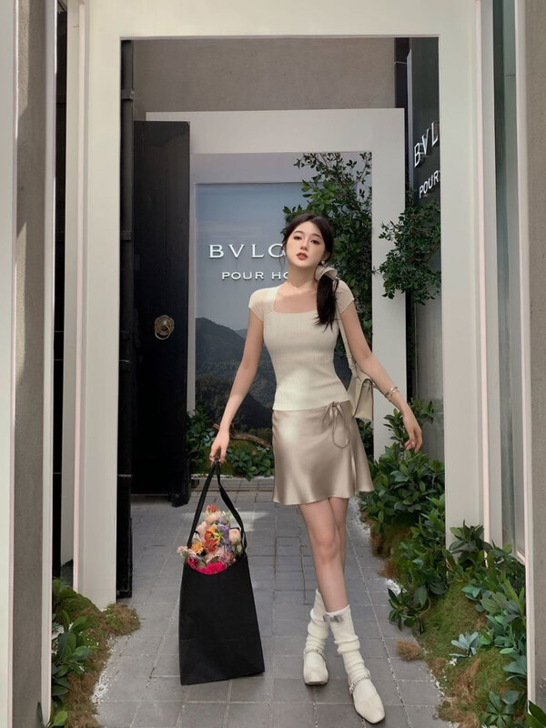ADAgirl-faldas acampanadas de acetato coreano para Mujer, minifalda de cintura alta con cordones, ropa de calle informal, moda Y2k, Verano