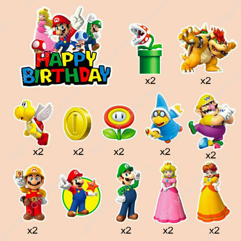 Super Mario Plugin Bolo Decoração Set, Série Temática, Cartão de aniversário, Holiday Party, Kids Party Supplies, 23 + 1Pcs