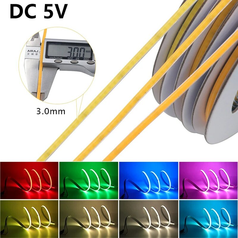 Strip LED COB 5V, Ultra tipis, kepadatan tinggi, 320LED/m COB, pita LED, lembut, biru/hijau/merah/biru es/merah muda/kuning putih