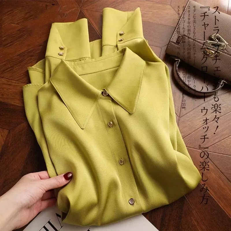 Camisa de seda solta feminina com gola virada para baixo, blusa casual, manga comprida, tops monocromáticos, roupas de escritório, moda elegante, outono, 29968
