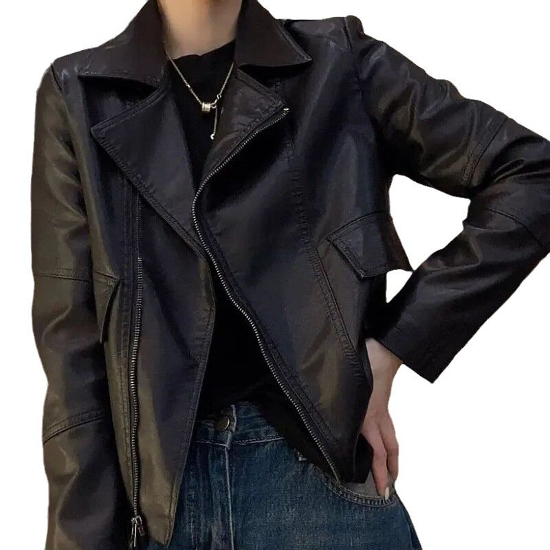 Jaket kulit ritsleting pendek wanita, Atasan pakaian luar jaket PU tahan angin tren longgar ukuran besar musim semi