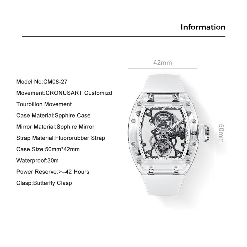 CRONUSART Men Tourbillon Watch 50mm*42mm Luxury Tonneau Mechanical Wristwatch Sapphire Case Luminous Fluororubber Strap Skeleton