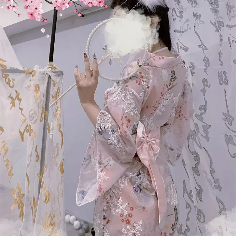 Sexy Stickerei Sakura Kimono japanische Kleidung verführer isch rosa blau klassische durchsichtige Robe Leidenschaft Bademantel Gürtel Pyjama Anzug