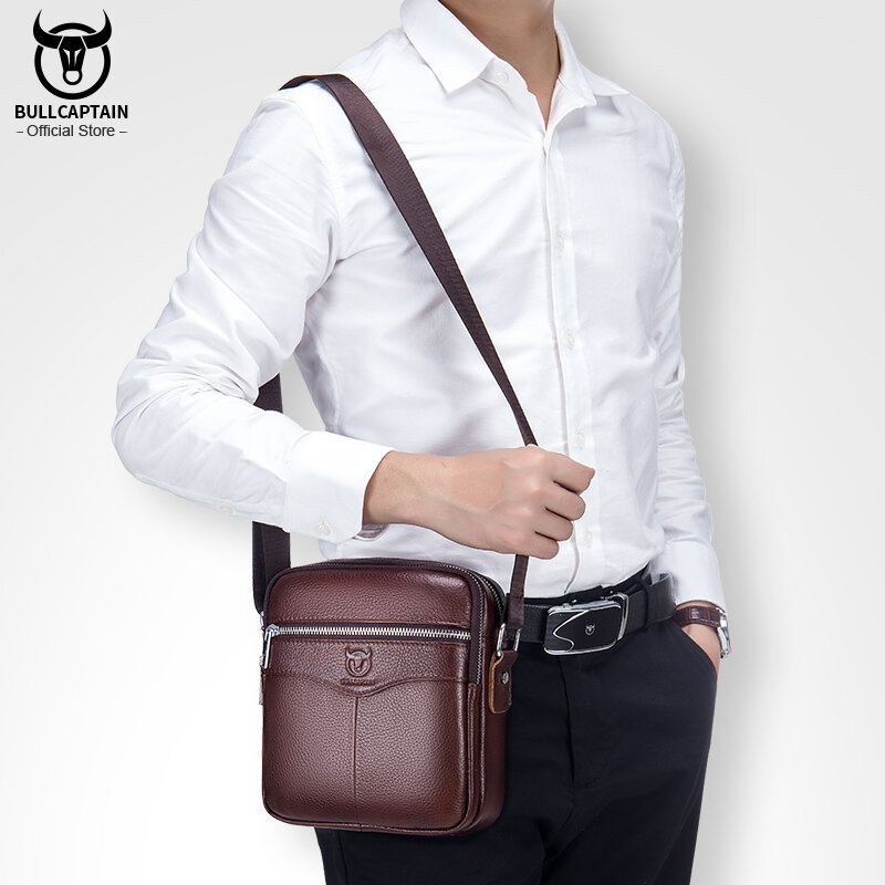 BULLCAPTAIN/Повседневная мужская сумка через плечо, Высококачественная гладкая сумка на молнии с карманом, кожаная сумка на плечо для мужчин