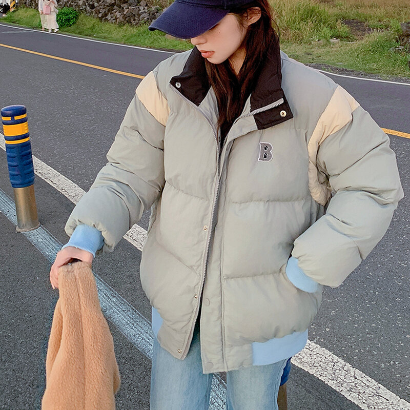 Damskie parki zimowe w koreańskim stylu moda uliczna mody Gidyq luźny, gruby ciepła ocieplana kurtka na co dzień, damskie, patchworkowe wszystkie dopasowane puchowe kurtki