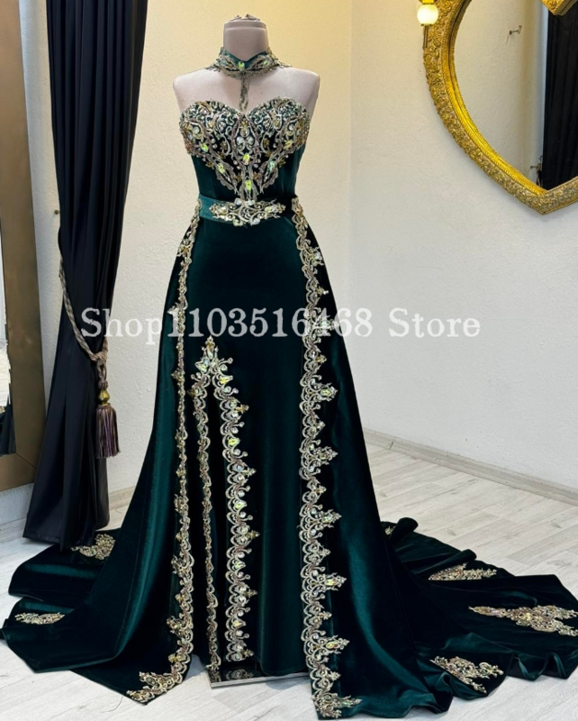 Emerald Green Middle Eastern Evening Dresses Luxury Sheath Appliqued Velvet Marocca Robe Arabian Bride vestidos de noche