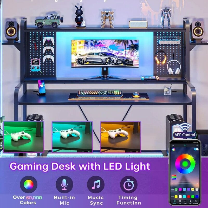 Sedeta โต๊ะเล่นเกม, 55 "โต๊ะคอมพิวเตอร์พร้อมฮัทช์และชั้นวางของ, โต๊ะเล่นเกมพร้อมไฟ LED, ชั้นวาง pegboard และมอนิเตอร์, พีซีขนาดใหญ่