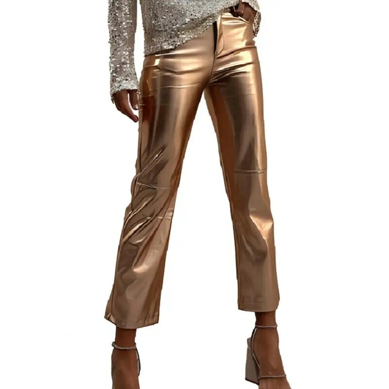 Pantalon Slim Fit en similicuir brillant pour femme, poches, taille moyenne, fermeture à glissière, fermeture à bouton, doux, respirant, club, fête, neuvième pantalon pour femme