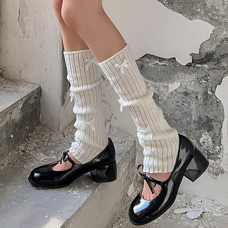 Aquecedores de pernas de malha de crochê feminino, meias longas, meias quentes Lolita, cobertura de pé bowknot, aquecedores de tornozelo de inverno, 1 par