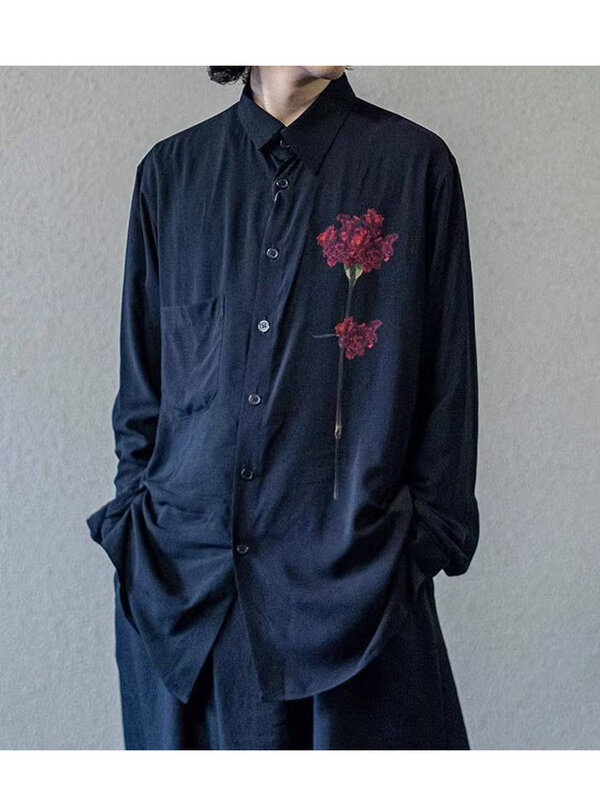 Dianthus 카리오필러스 프린트 셔츠, 어두운 스타일, 요지 야마모토 옴므, 남성 의류, 여성 유니섹스 셔츠