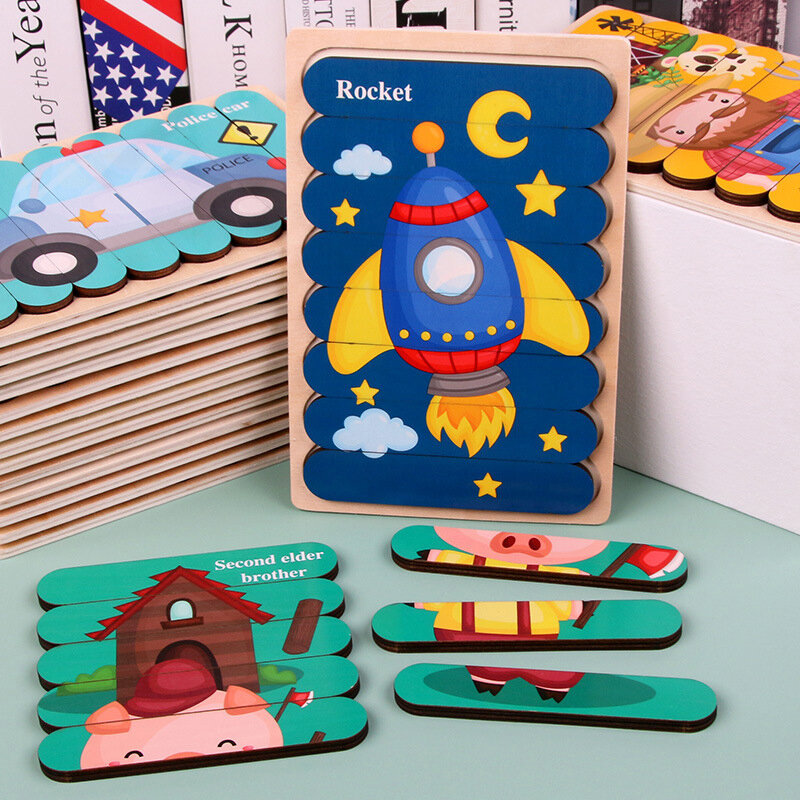 Zabawki Montessori kreatywne dwustronne puzzle drewniane kreskówki z samochodami i zwierzętami dinozaura układanki edukacyjne zabawki dla dzieci