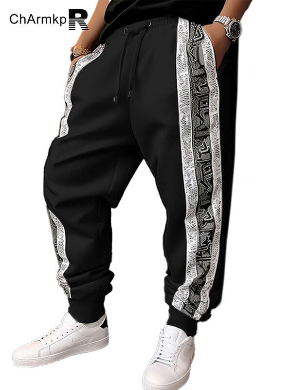 ChArmkpR-Pantalones largos de verano para hombre, ropa con patrón de retales, holgados, con cordón en la cintura, ropa de calle, S-2XL, 2024