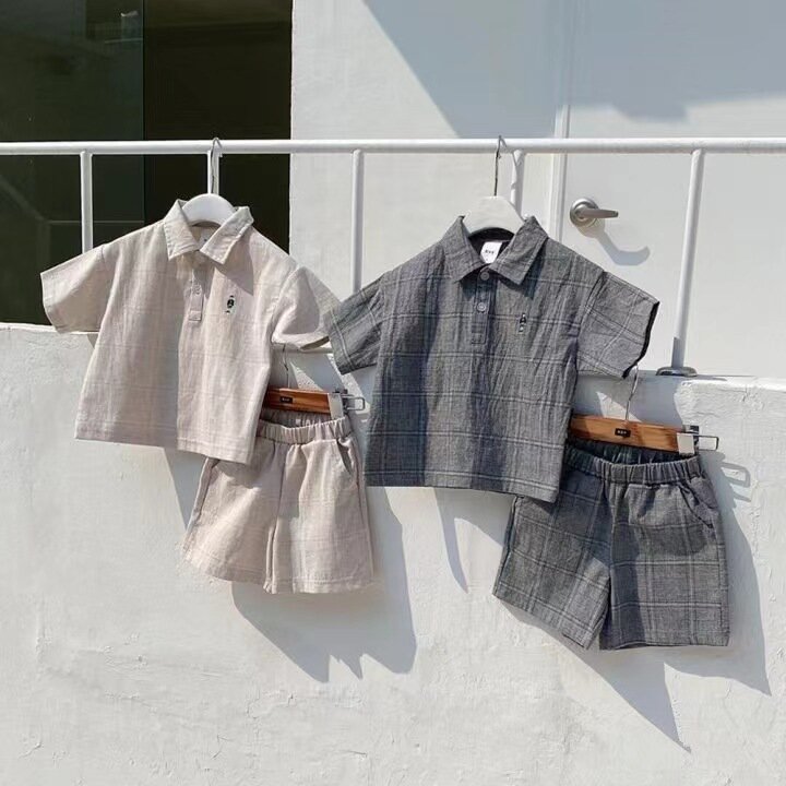 Conjunto de camisas xadrez e shorts de manga curta para bebê, roupas casuais para criança, menino e menina, nova moda, verão, terno 2 peças, 2024
