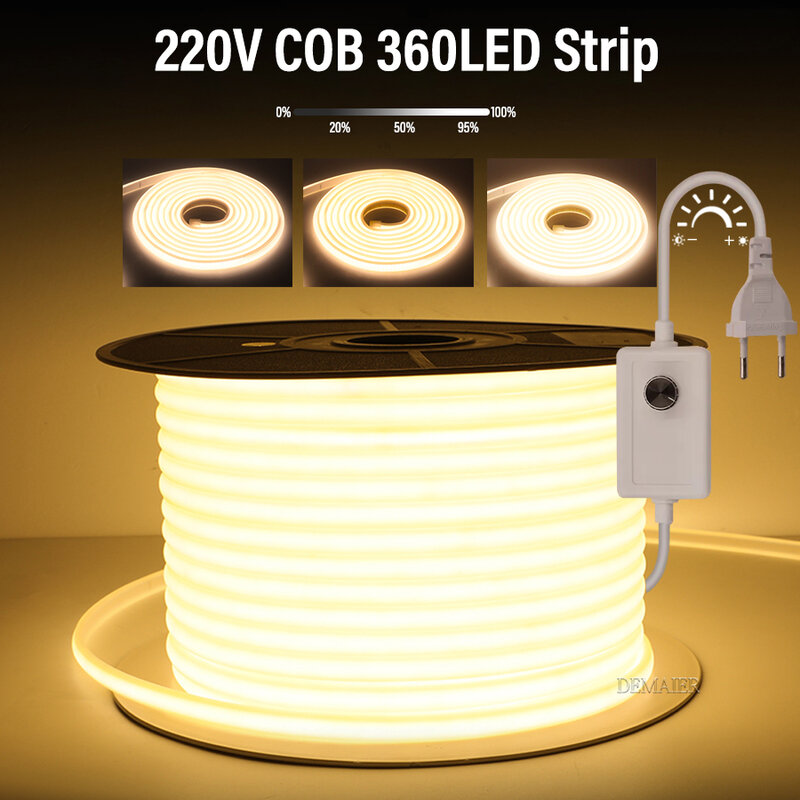 สวิตช์ไฟ COB แถบไฟ LED 220V/หรี่แสงได้ปลั๊ก EU 360 LED/m 3000K 6000K RA90สวนกลางแจ้ง FOB เทปไฟ LED ห้องครัวห้องนอน