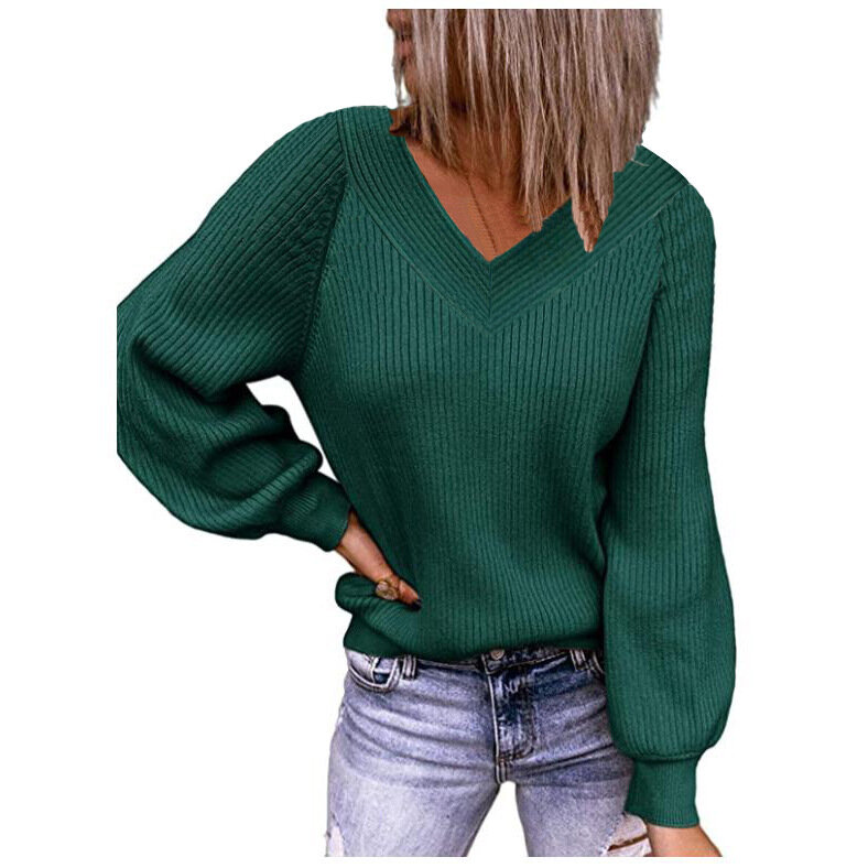 Jesienno-zimowy sweter z dekoltem w serek w dużych rozmiarach, w szerokie paski rękawy typu lampion luźny, dzianinowy sweter w jednolitym kolorowy pulower