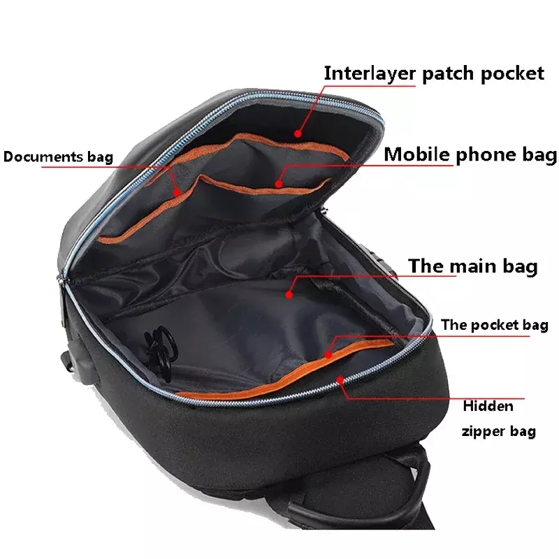 Tas selempang olahraga pria, PVC multifungsi USB bahu anti-maling, tas dada selempang perjalanan kasual untuk pria