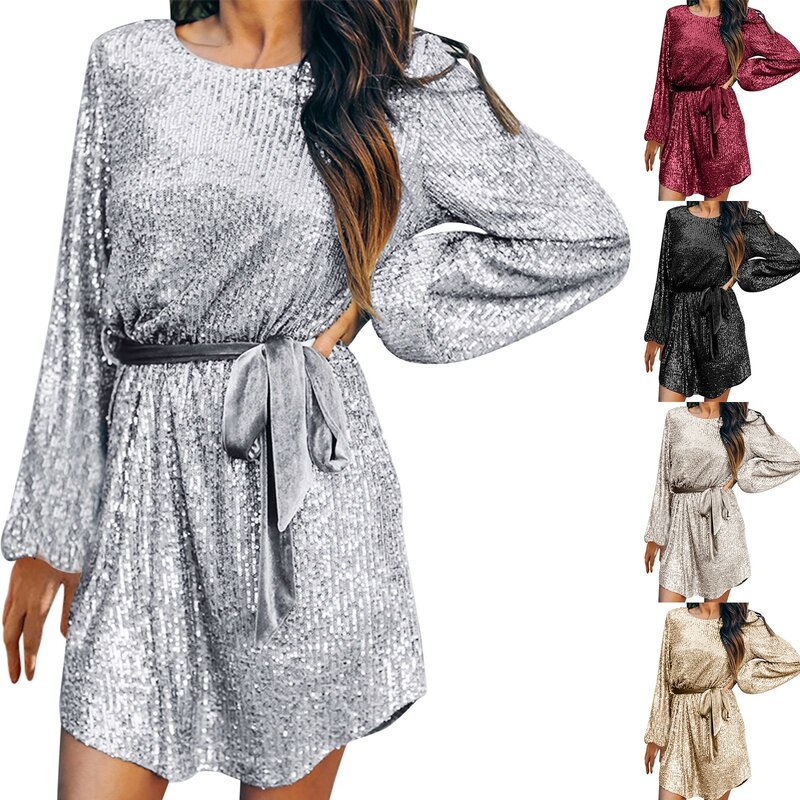 여성용 플러스 사이즈 드레스, 단색 긴팔 라운드 넥, 루즈 글리터, 반짝이는 스팽글, 화이트 원피스 칵테일 드레스