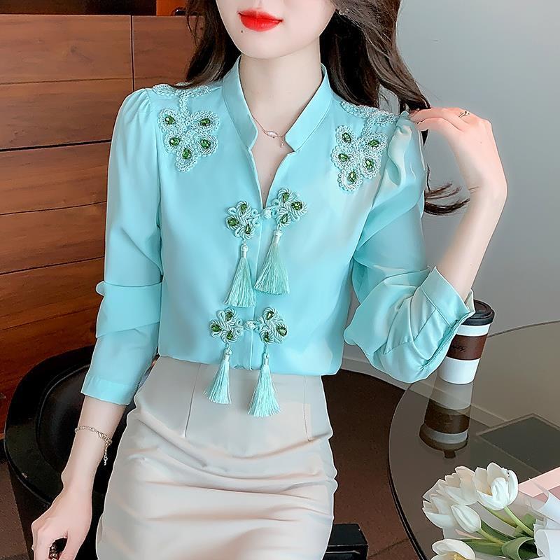 2023 New Spring New V-Neck Tang Suit Embroidered Embroidered Lace Up Long Sleeve Shirt for Women's Design and Unique Top
