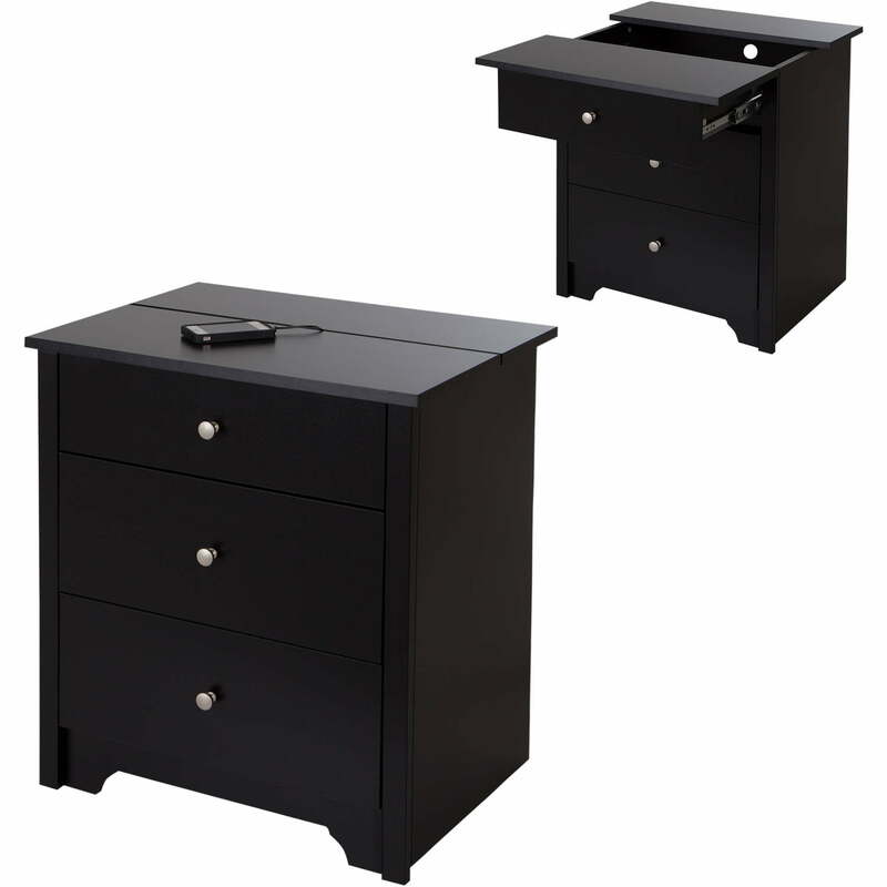 South Shore Vito Nightstand with Charging Station and Drawers Black