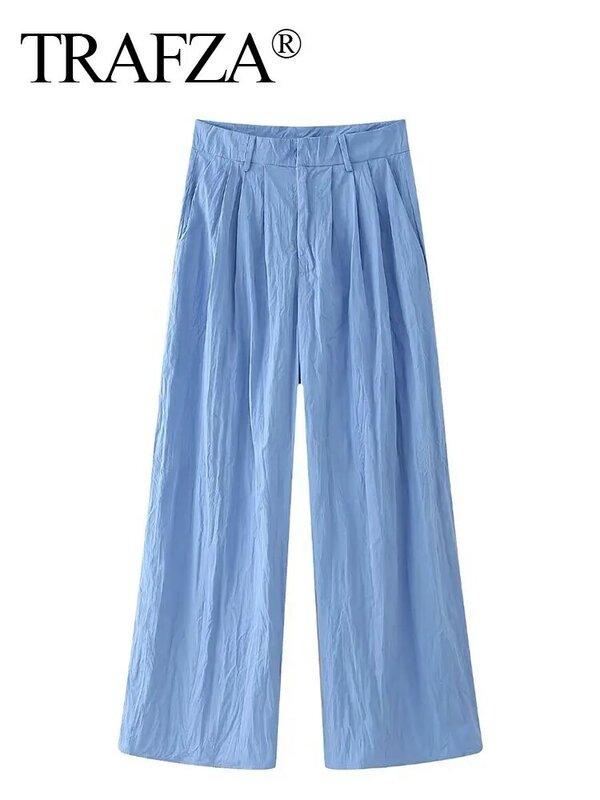 TRAFZA-Pantalones largos rectos para mujer, pantalón de pierna ancha, holgado, con hebilla oculta, elegante, para primavera, 2024