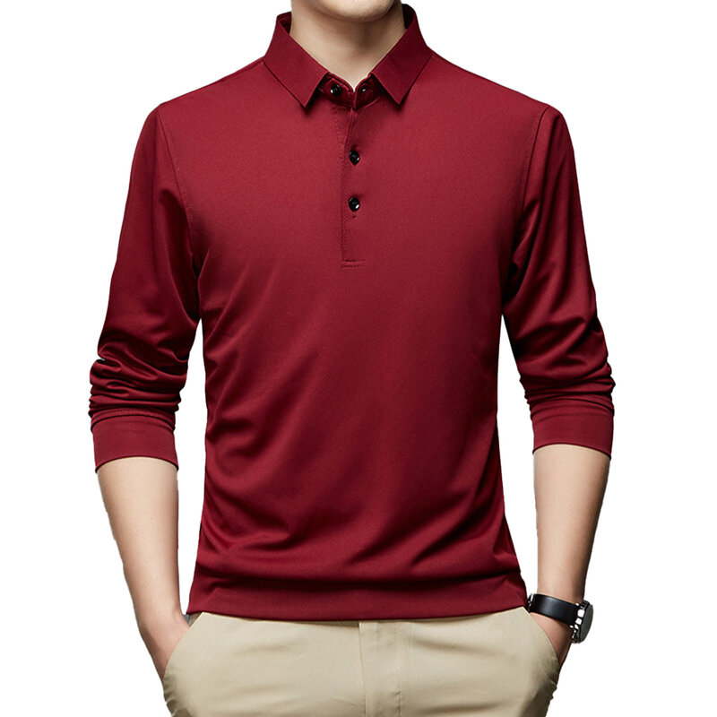 Blus kemeja bisnis Formal pria, atasan Slim Fit dengan kerah kancing lengan panjang warna anggur merah/hitam