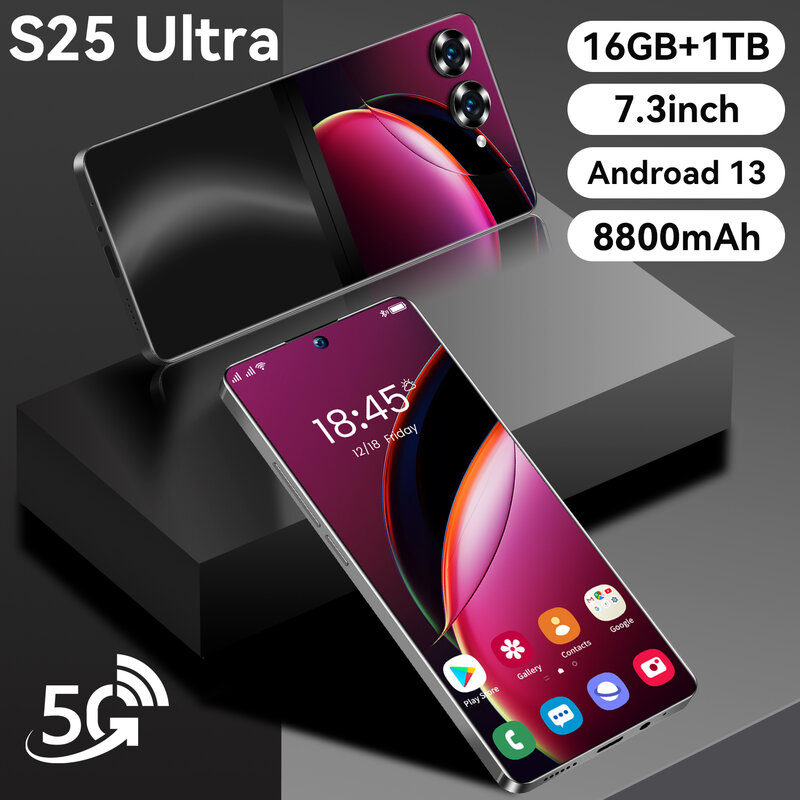 Smartphone S25 Ultra Android 13, téléphone portable d'origine, écran HD 7.3, 16 Go + 1 To, 8800mAh, 5G, touristes, reconnaissance qualifiée ale SIM, débloqué, Global