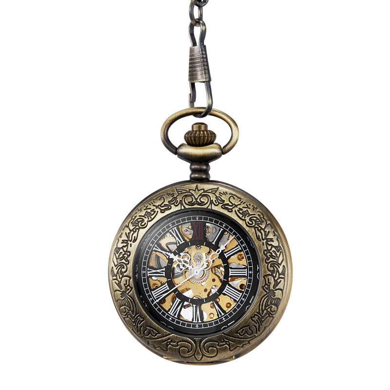 นาฬิกาพกแบบกลไกหน้าปัดสีบรอนซ์ลึกลับนาฬิกานักล่าสีขาวแสดงตัวเลขอารบิกสำหรับผู้ชาย
