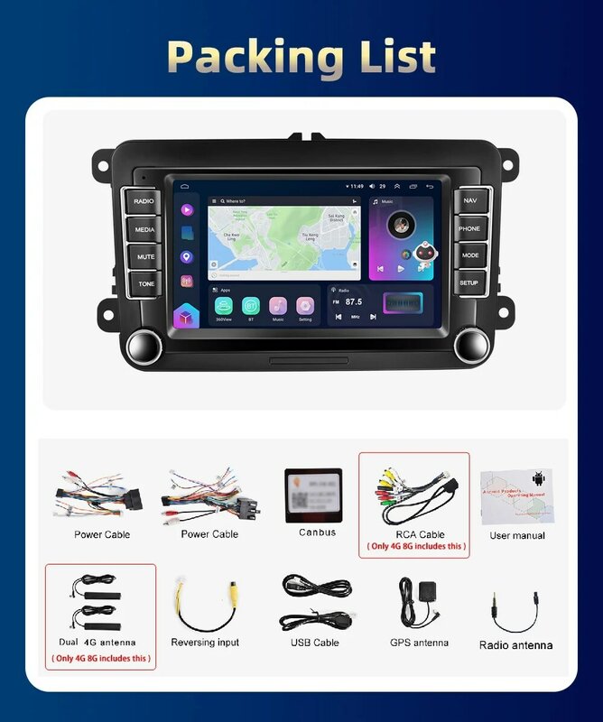 Podofo-Radio con GPS para coche, reproductor con Android 11, 2 Din, Carplay, para VW, Volkswagen, Golf, Polo, Skoda, Rapid, Octavia, Tiguan, Passat b7, Jetta