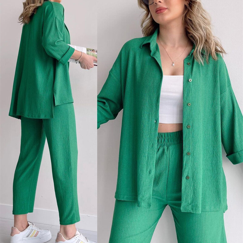 Large Size 2 Piece Sets Womens Outfits Casual Turn Down Collar Button Blouse Elastic-waisted High-waisted Wide-leg Pants Sets