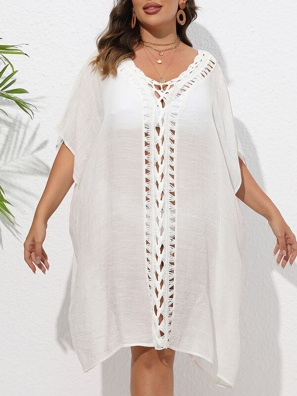 GIBSIE Plus Size Hollow Out Cover Up Beach V Neck Solid Sexy See Through Beach Dress Summer Bikinis Swimsuit Cover-ups For Women