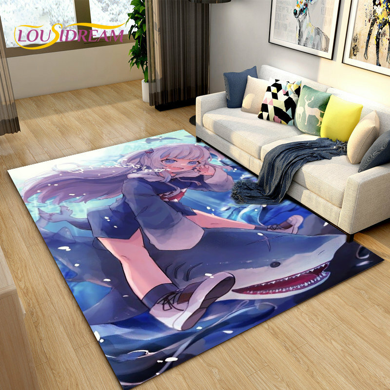 Tapete bonito da área do tubarão de gawr gura hololive do anime, tapete do tapete para a decoração do quarto do sofá da sala de visitas, tapete antiderrapante das crianças