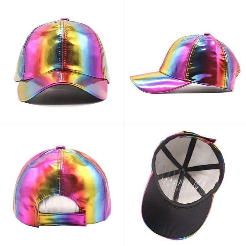 조정 가능한 반짝이는 홀로그램 야구 모자, 조정 가능한 힙합 플랫 브림 야구 모자, 반사 패션 레이브 코스프레 모자
