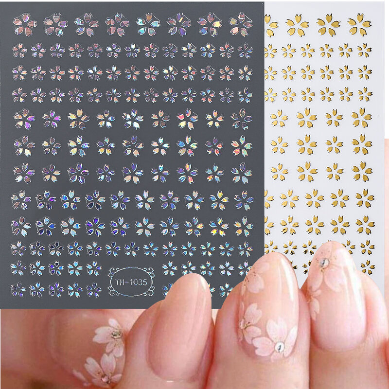 3D Laser Sakura Flower Nail Sticker Aurora Decals Glitter Star Butterfly Floral Adhesive Sliders Cherry Blooming Manicure