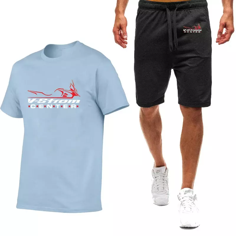 Vstrom 650 V Strom 2024 pakaian olahraga pria, Set 2 potong T-shirt katun lengan pendek + celana pendek motif musim panas baru