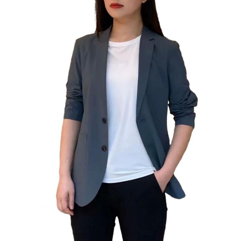 Casaco de negócios formal feminino com fecho de botões, bolsos longos, jaqueta casual, elegante roupa de negócios, escritório