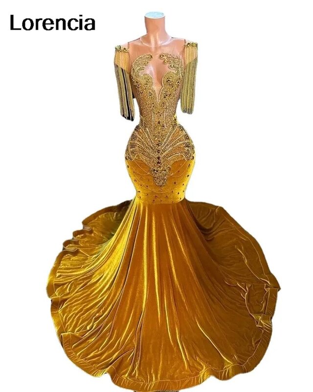 Lorencia splendido abito da ballo a sirena in velluto dorato per ragazze nere africane donne perline cristalli abito da festa Robe De Soirée YPD32