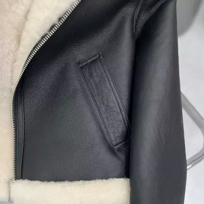 Women's Real Shearling Coat Genuine Lambskin Leather Coat Warm Real Wool Winter Double Face Jacket ZJ6046