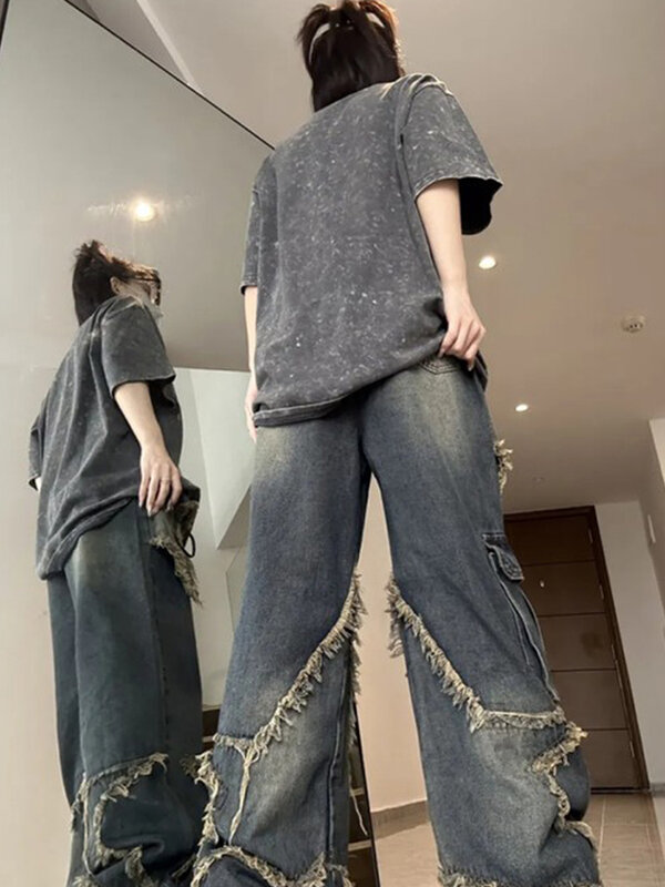 Cargo Jeans Pants Women Street Loose Oversize Panelled Pentacle Raw Hem Pant 2023 Vintage Blue Hip Hop Female Denim Trousers
