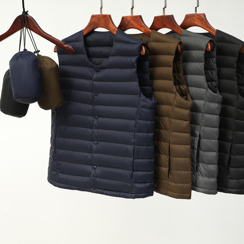 Kamizelki męskie 2023 nowe jesienno-zimowe kurtki z puchu kaczego bez rękawów Puffer płaszcz puchowy przenośne podróż na zewnątrz wiatroszczelne kamizelki
