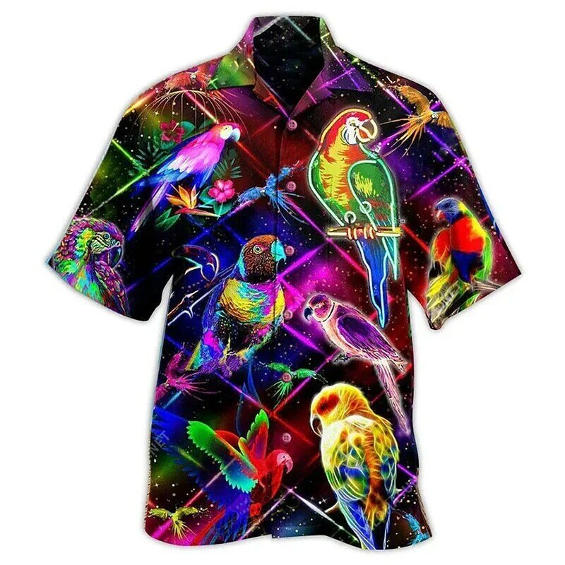 Koszula z nadrukiem 3D z kwiatowym papugą, modna koszula męska i damska, jednorzędowa koszula hawajska z krótkim rękawem, odzież męska